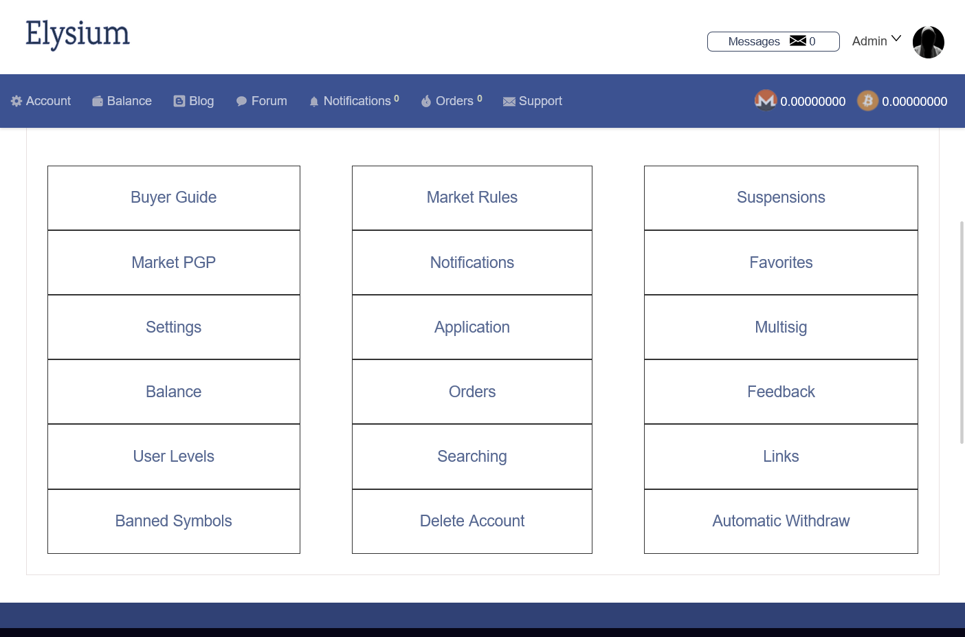 Support page on Elysium Market